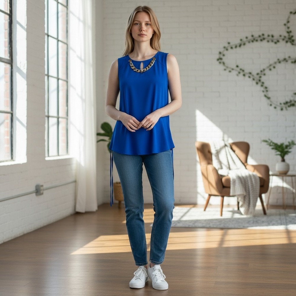 Carmen Women Royal Blue Keyhole Chain Neck Sleeveless Blouse Size M Side Ties